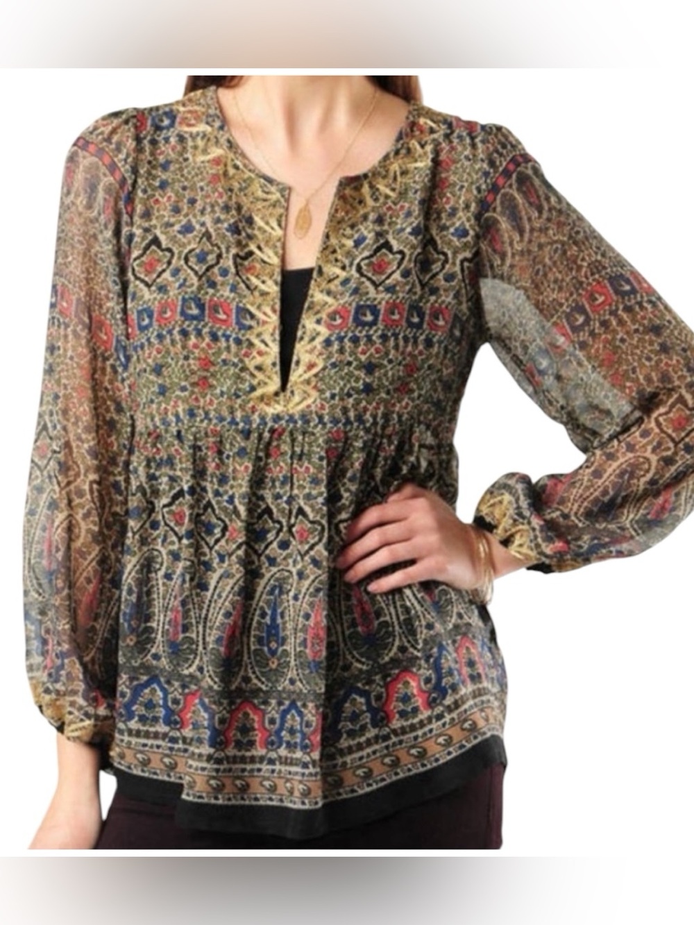 Joie Janette gold embroidered boho silk multicolor blouse size M